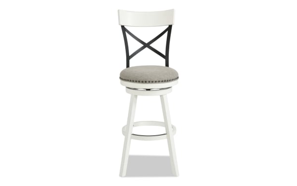 Iris White & Gray Cross Back Upholstered Adjustable Height Swivel Stool with gray polyester fabric seat, nailhead trim, white rubberwood frame, and metal cross back in transitional style.