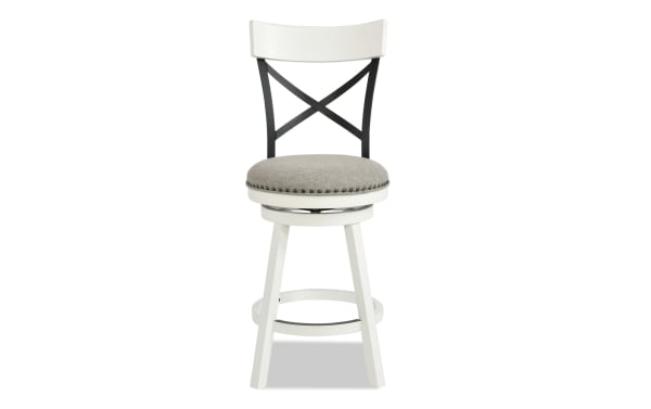 Iris White & Gray Cross Back Upholstered Adjustable Height Swivel Stool with gray polyester fabric seat, nailhead trim, white rubberwood frame, and metal accents in transitional style.