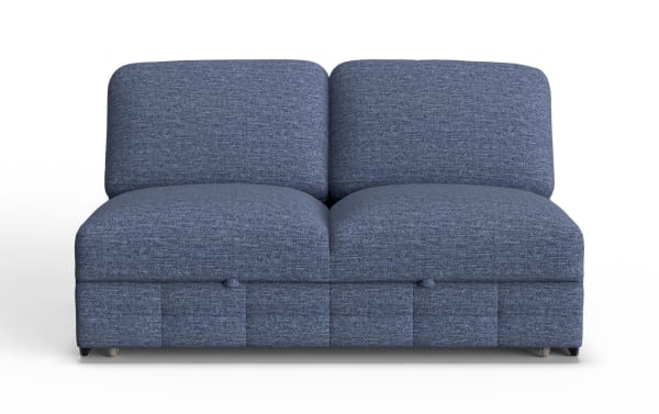 Modern blue fabric loveseat with plush cushions, armless design, and textured upholstery, ideal for compact living spaces.