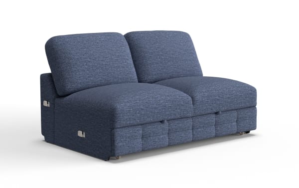 Modern blue fabric loveseat with thick cushioned seats and backrests, featuring a compact design and side handles for reclining adjustment.