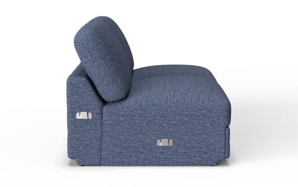 Blue fabric upholstered armless chair with cushioned seat and backrest, featuring metal adjustment levers on the side for reclining or positioning.