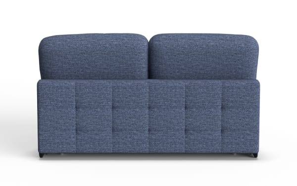 Blue fabric upholstered double bed headboard with a modern, padded design and vertical stitching details, suitable for contemporary bedrooms.