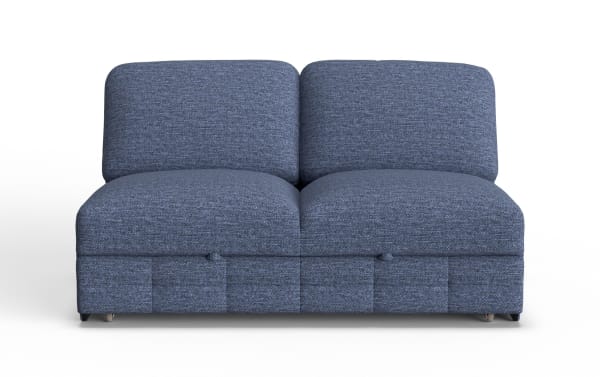 Modern two-seater sofa upholstered in textured blue fabric with cushioned backrests and a low-profile design, ideal for contemporary living spaces.