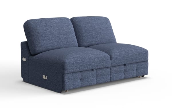 Blue fabric loveseat with plush cushions, modern design, and visible reclining levers on the sides, ideal for comfortable seating.