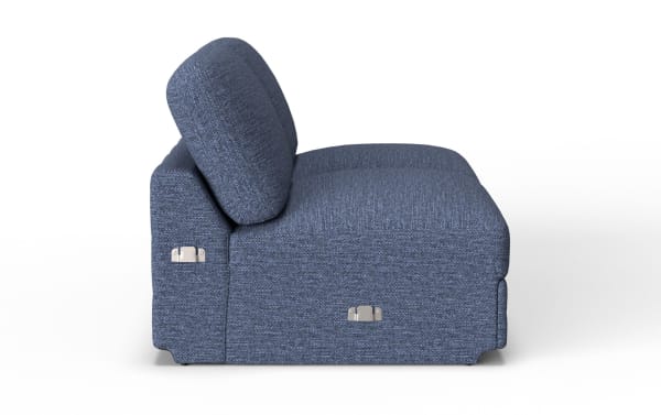 Blue fabric upholstered modular sofa seat with adjustable backrest, metal latch connectors for easy assembly and reconfiguration.