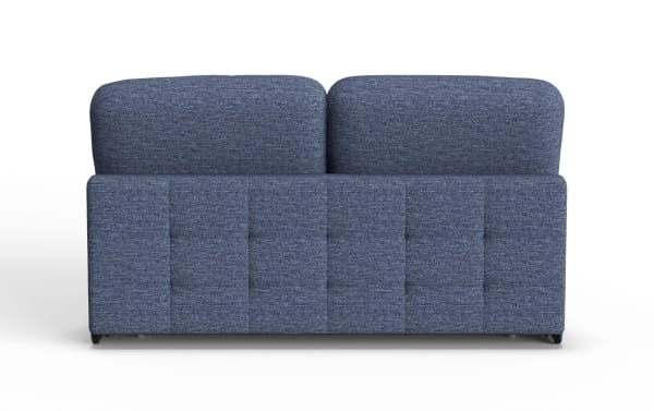 Modern blue fabric loveseat sofa with tufted back cushions and a clean, rectangular design, ideal for small living spaces.