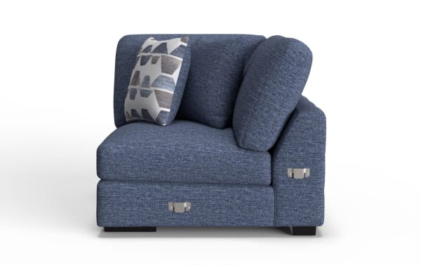 Blue fabric sectional sofa corner piece with textured upholstery, geometric patterned accent pillow, and metal connector brackets for modular assembly.