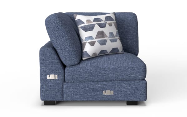 Blue fabric corner sofa chair with textured upholstery, featuring a geometric patterned throw pillow and metal adjustment levers on sides.