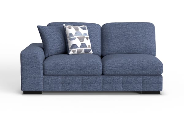 Modern blue fabric loveseat sofa with plush cushions, wide armrest, and a decorative geometric-patterned throw pillow, ideal for living room seating.