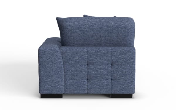 Blue fabric upholstered modern armchair with tufted backrest and wide armrest, featuring black wooden block legs, ideal for living room seating.