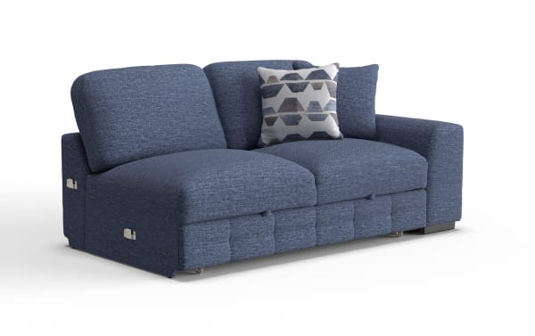 Blue fabric reclining sofa with textured upholstery, two large cushions, a patterned throw pillow, and metal reclining levers on the sides.