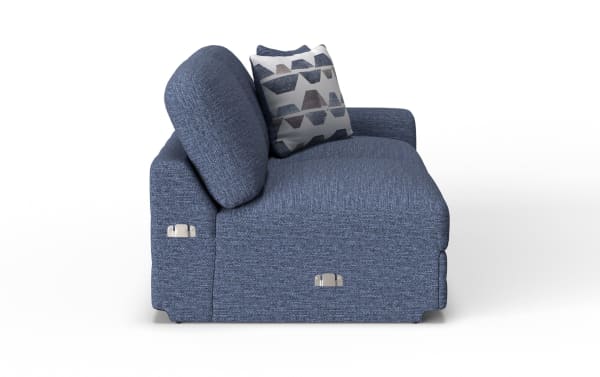 Blue fabric loveseat with two cushions, featuring a textured weave and metal adjustment levers on the sides, ideal for modern living rooms.