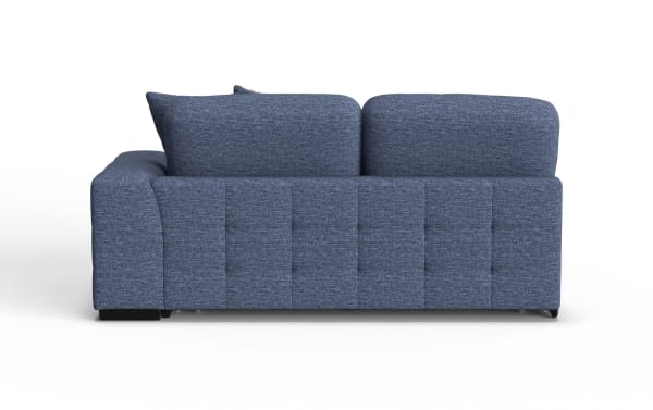 Modern blue fabric sofa with plush cushions, straight backrest, and soft armrest, designed for comfortable living room seating.