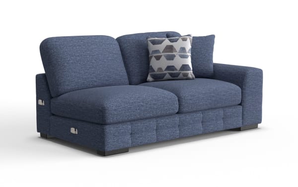 Modern blue fabric loveseat with plush cushions, two decorative pillows, and metal recliner handles on sides, ideal for living room seating.