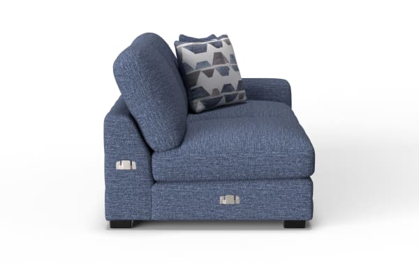 Blue fabric loveseat sofa with textured upholstery, featuring a geometric patterned throw pillow, square armrests, and metal latch details.