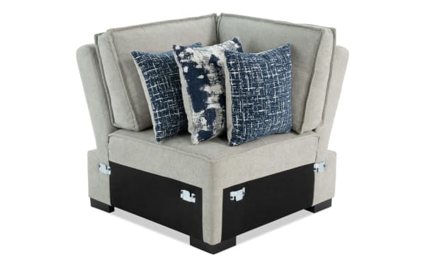 Playmax Gray Corner sectional in gray polyester fabric with Bob-O-Pedic memory foam seating, transitional style, and blue accent pillows.