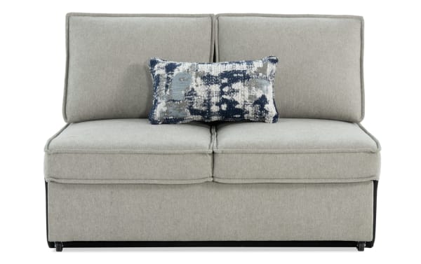 Playmax Gray Armless Pop-Up Sleeper Loveseat in gray polyester fabric with transitional style, memory foam seating, and included accent pillow.
