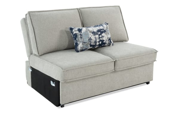 Playmax Gray Armless Pop-Up Sleeper Loveseat in gray polyester fabric with Bob-O-Pedic memory foam seating, transitional style, and included accent pillow.
