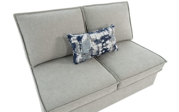 Playmax Gray Armless Pop-Up Sleeper Loveseat in gray polyester fabric with Bob-O-Pedic memory foam seating, transitional style, and a blue-gray accent pillow.
