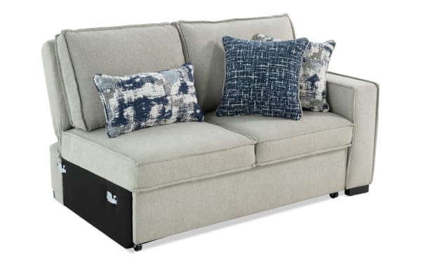 Playmax Gray Right Arm Facing Pop-Up Sleeper Loveseat with gray polyester fabric upholstery, transitional style, memory foam seating, USB & USB-C ports, and accent pillows.