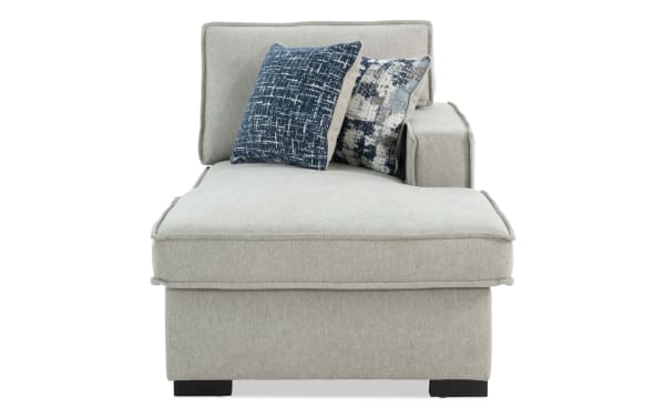 Playmax Gray Right Arm Facing Storage Chaise in gray polyester fabric with Bob-O-Pedic memory foam, USB/USB-C ports, and accent pillows.