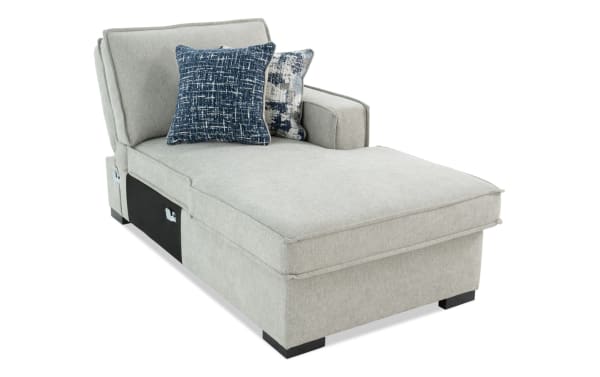 Playmax Gray Right Arm Facing Storage Chaise with USB & USB-C ports, gray polyester fabric, transitional style, memory foam seating, hidden storage, and accent pillows.