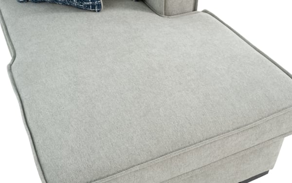 Gray Playmax transitional right arm facing storage chaise with soft polyester fabric upholstery, memory foam seating, and USB/USB-C ports.