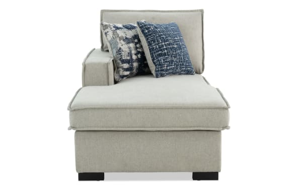 Gray Playmax transitional left arm facing storage chaise with polyester fabric upholstery, memory foam seating, built-in USB/USB-C ports, and accent pillows.