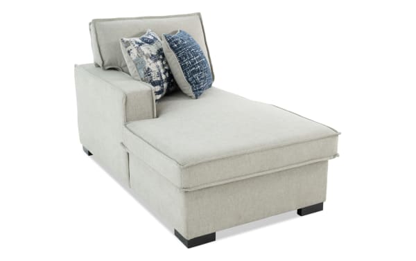 Playmax Gray Left Arm Facing Storage Chaise with USB & USB-C Ports, transitional style in gray polyester fabric with memory foam seating and accent pillows.