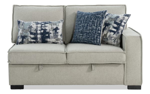 Playmax Gray Right Arm Facing Storage Loveseat in gray polyester fabric with Bob-O-Pedic Memory Foam seating, USB/USB-C ports, and accent pillows.