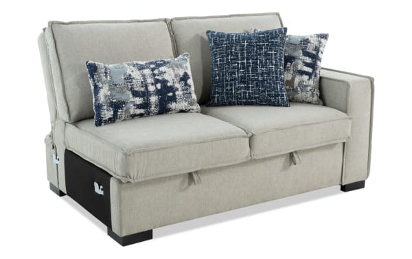 Playmax Gray Right Arm Facing Storage Loveseat in gray polyester fabric with Bob-O-Pedic memory foam seating, USB/USB-C ports, hidden storage, and blue accent pillows.