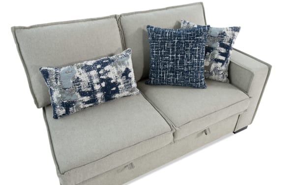 Playmax Gray Right Arm Facing Storage Loveseat in transitional style with gray polyester fabric, memory foam seating, built-in USB/USB-C ports, and patterned accent pillows.