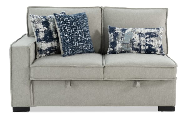 Playmax Gray Left Arm Facing Storage Loveseat with USB & USB-C ports, gray polyester fabric, transitional style, memory foam seating, includes patterned accent pillows.