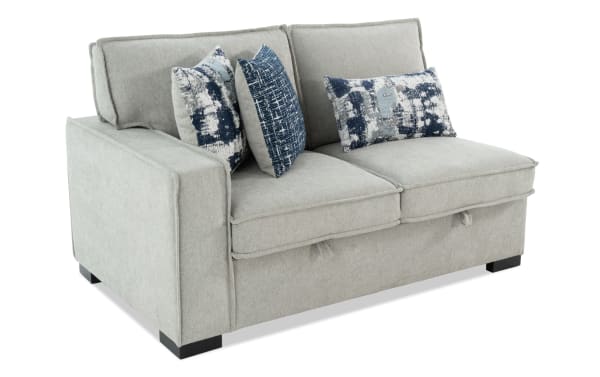 Playmax Gray Left Arm Facing Storage Loveseat with USB & USB-C ports, gray polyester fabric, transitional style, memory foam cushions, and accent pillows.