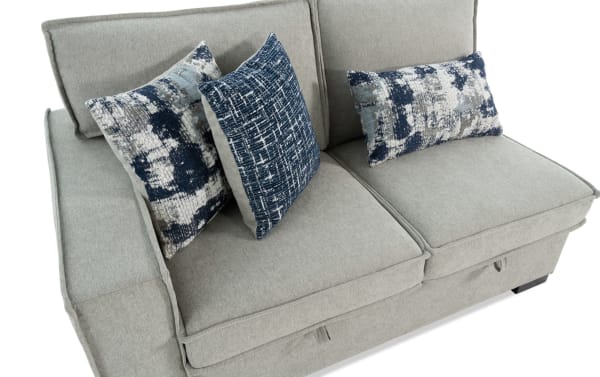 Playmax Gray Left Arm Facing Storage Loveseat in transitional style with gray polyester fabric, memory foam seating, USB/USB-C ports, and accent pillows.