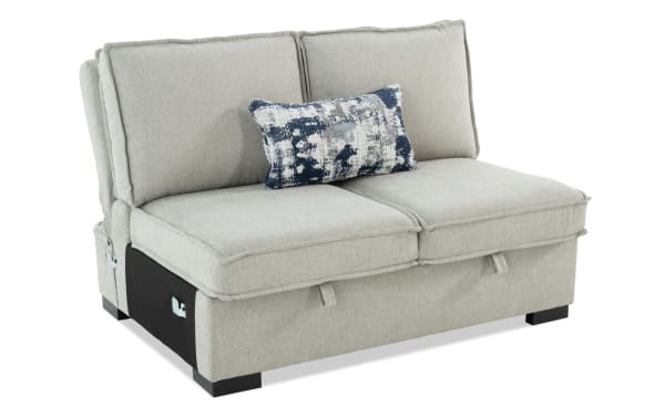 Playmax Gray Armless Storage Loveseat in gray polyester fabric with Bob-O-Pedic memory foam seating, transitional style, and hidden storage.