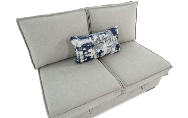 Playmax Gray Armless Storage Loveseat with gray polyester fabric, Bob-O-Pedic memory foam seating, hidden storage, and accent pillow, transitional style.