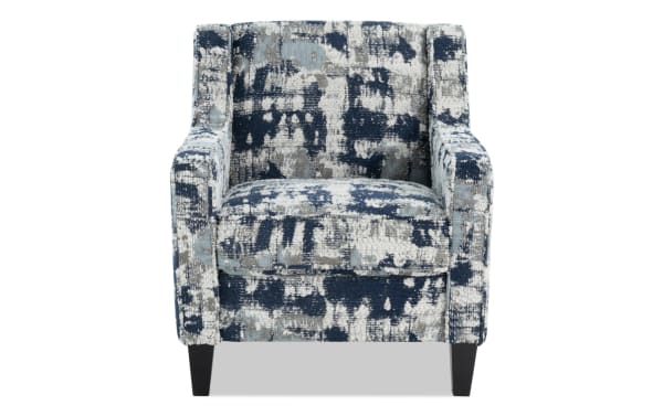 Transitional Playmax Gray & Denim Accent Chair with multicolored polyester fabric upholstery, memory foam seat, and tapered dark legs for stylish comfort.