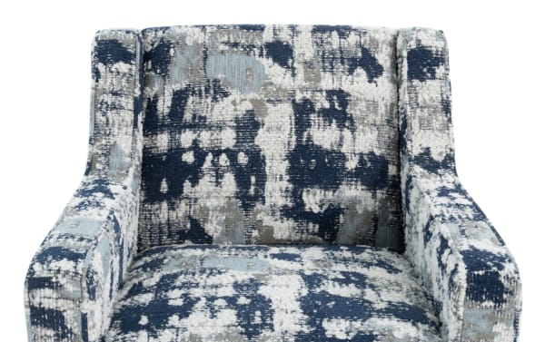 Transitional Playmax Gray & Denim Accent Chair with multicolored polyester fabric upholstery and plush Bob-O-Pedic Memory Foam seating.