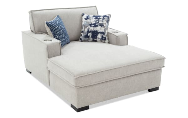 Playmax Gray Chaise Lounge in gray polyester fabric with Bob-O-Pedic memory foam seating, transitional style, cup holders, storage, and accent pillows.