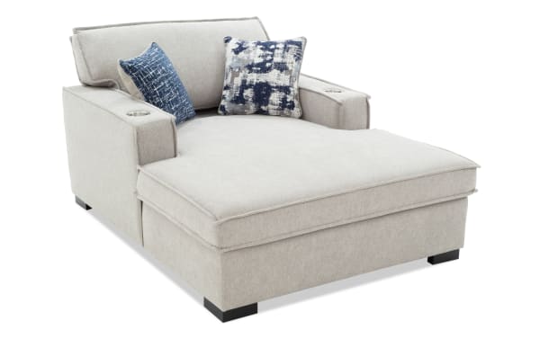 Playmax Gray Chaise Lounge in gray polyester fabric with Bob-O-Pedic memory foam seating, transitional style, cup holders, and accent pillows.