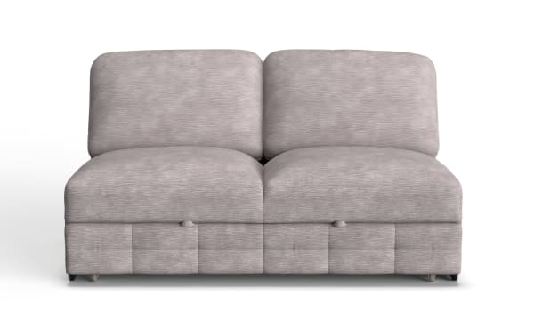 Modern two-seater sofa in light gray fabric upholstery with plush cushions and a minimalist design, ideal for contemporary living rooms.