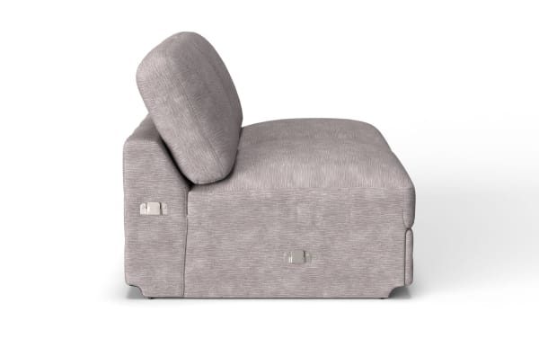 Modern gray fabric armless chair with cushioned backrest and seat, featuring metal adjustment brackets on the side for modular seating.
