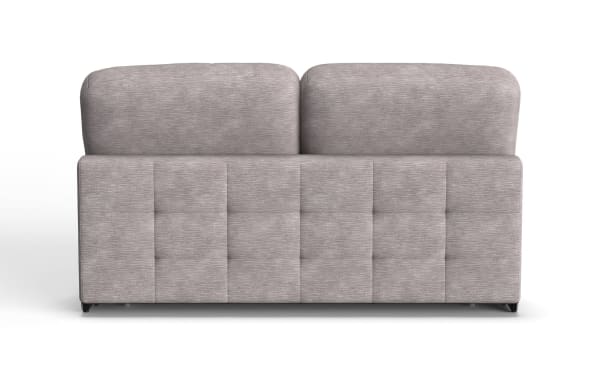 Modern two-seater sofa with light gray fabric upholstery, featuring a tufted backrest and cushioned seats, ideal for contemporary living rooms.