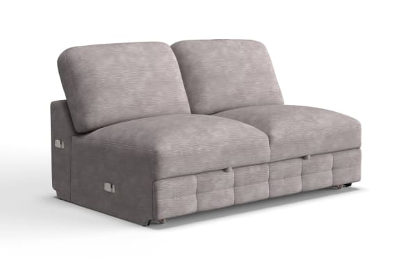 Modern two-seater gray fabric recliner sofa with plush cushions, adjustable backrests, and built-in reclining levers for comfort.