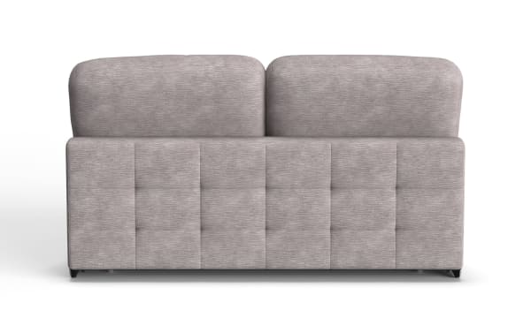 Modern light gray fabric loveseat with tufted back cushions and clean, rectangular lines, suitable for contemporary living spaces.