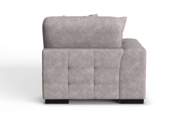 Gray fabric sectional sofa with plush cushions and low black block legs, showcasing a modern, comfortable living room seating option.