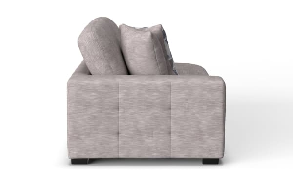 Modern light gray fabric sofa with textured upholstery, thick cushions, and low black legs, shown from the side view.