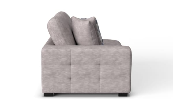 Modern light gray fabric sofa with plush cushions, featuring a textured upholstery and sturdy black block legs, shown from the side.