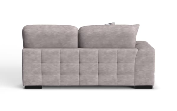 Modern light gray fabric sofa with plush back cushions and tufted panel detailing on the back, featuring black block feet for contemporary living room decor.